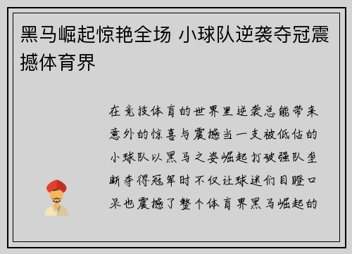 黑马崛起惊艳全场 小球队逆袭夺冠震撼体育界